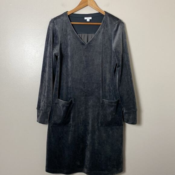 J Jill Pure Jill Velour A Line Dress V Neck Front Pockets Crushed Gray Size M - Picture 4 of 14